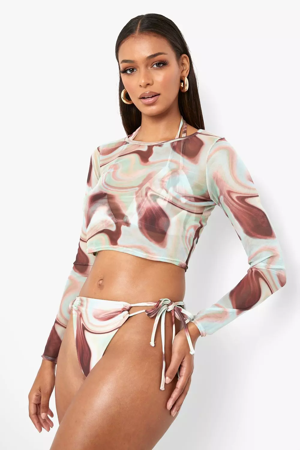 Brown Marble Print Long Sleeve Mesh Crop Top صورة بديلة