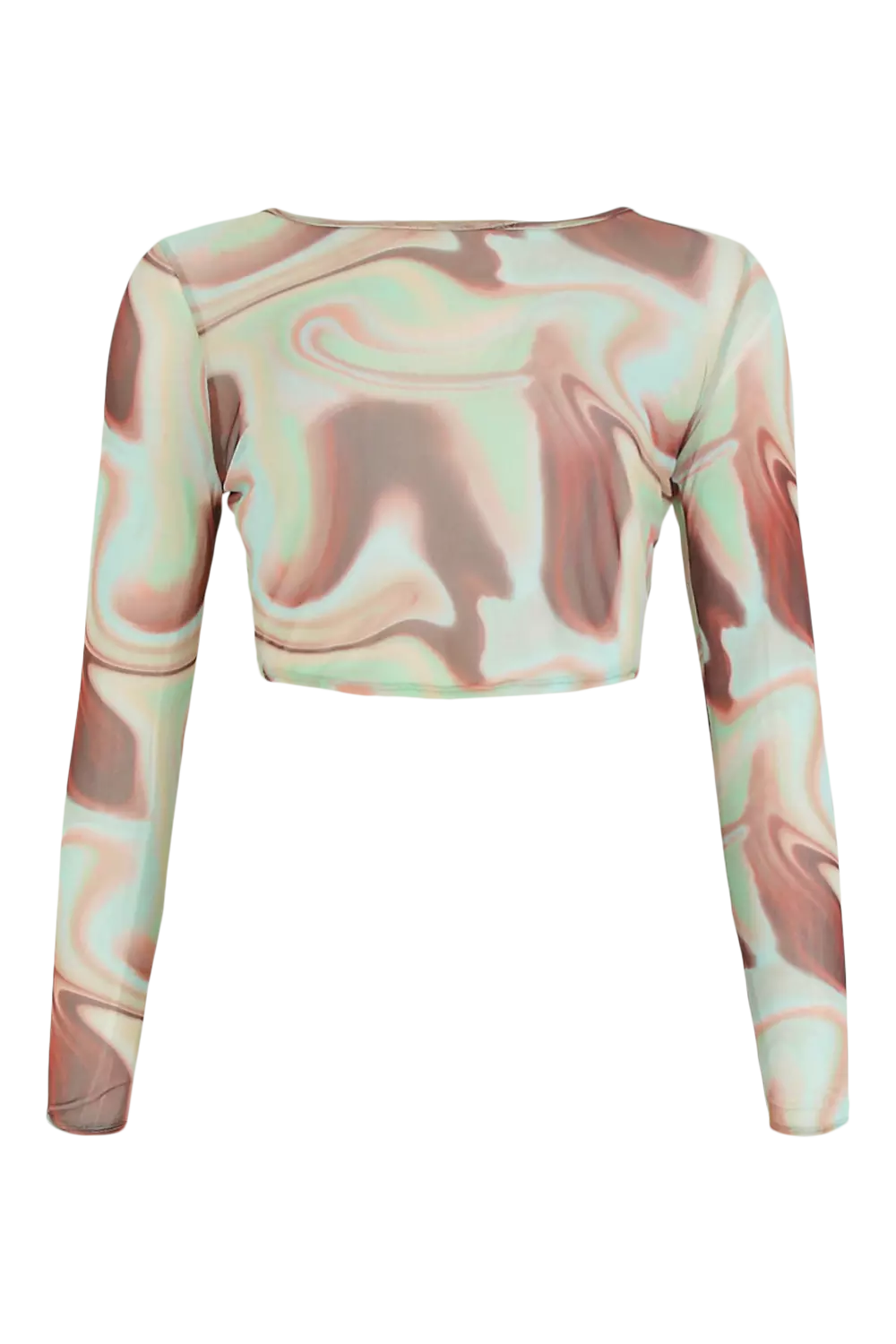 Brown Marble Print Long Sleeve Mesh Crop Top صورة بديلة
