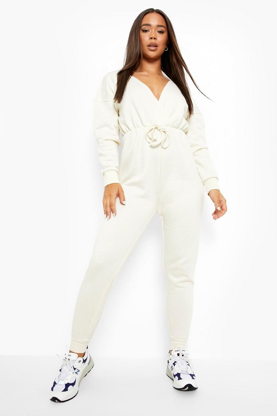 Ecru blanc Wrap Over Recycled Sweat Jumpsuit image number 1