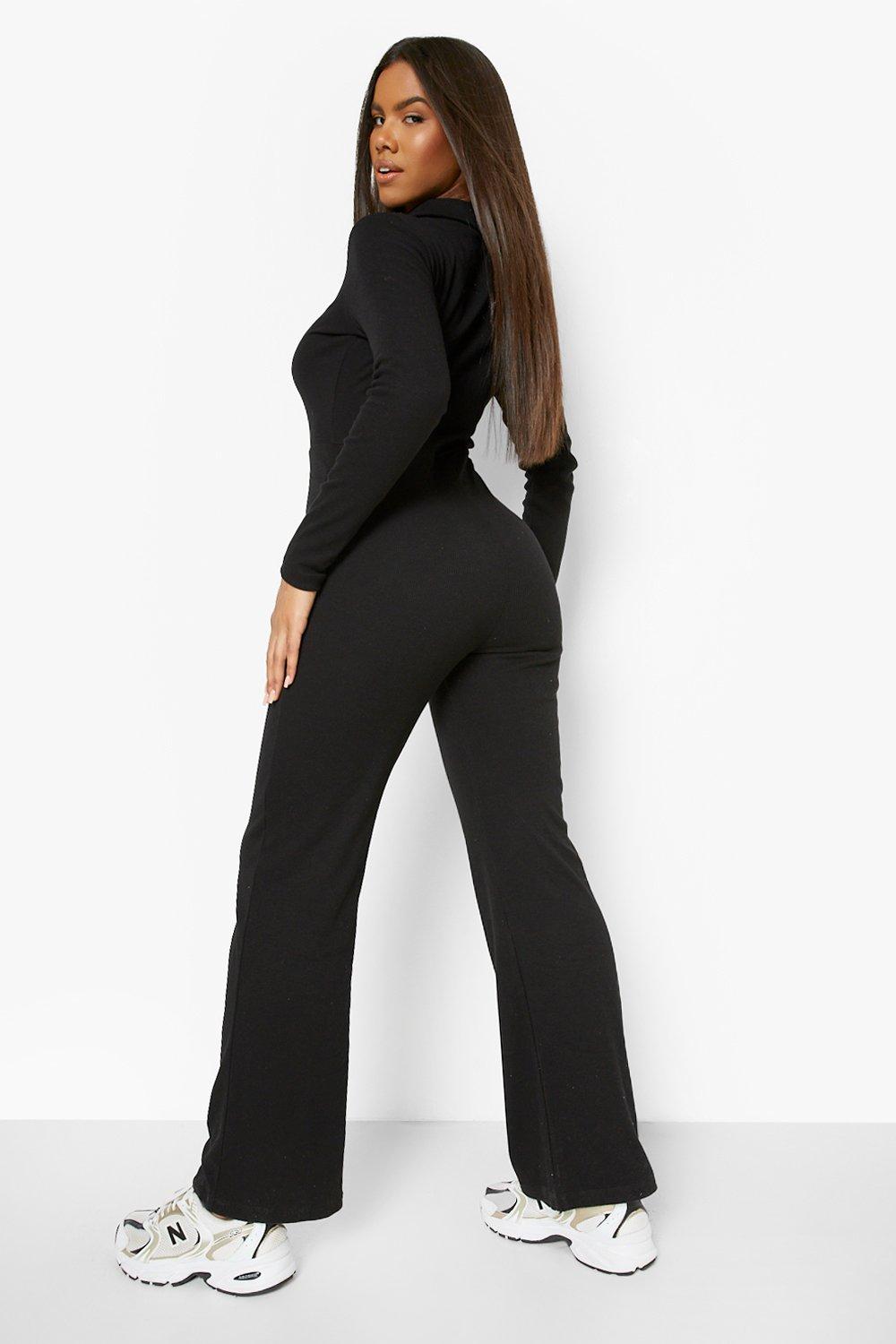 Maternity Black Rib Collar Flare Leg Jumpsuit