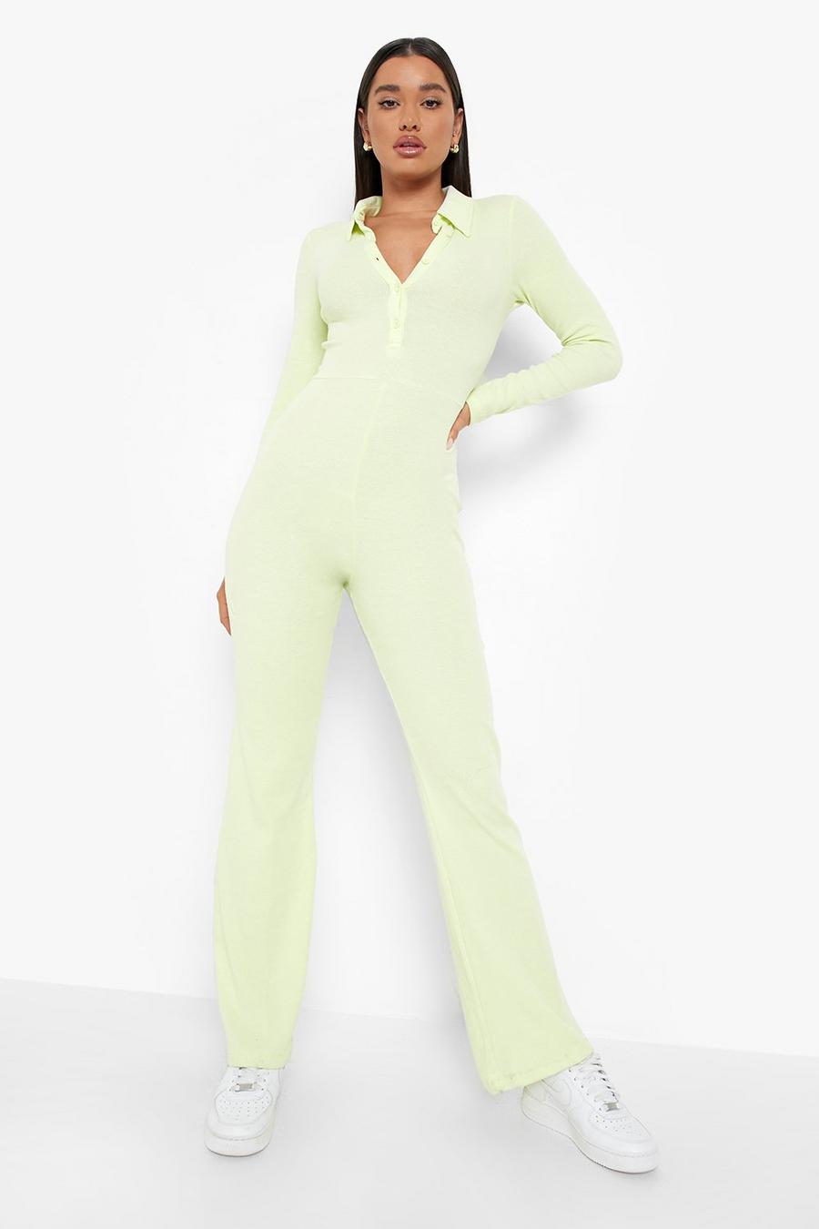 Washed lime Rib Collared Flare Jumpsuit image number 1