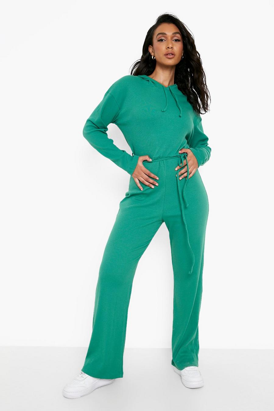 Green Rib Hooded Wide Leg Jumpsuit image number 1