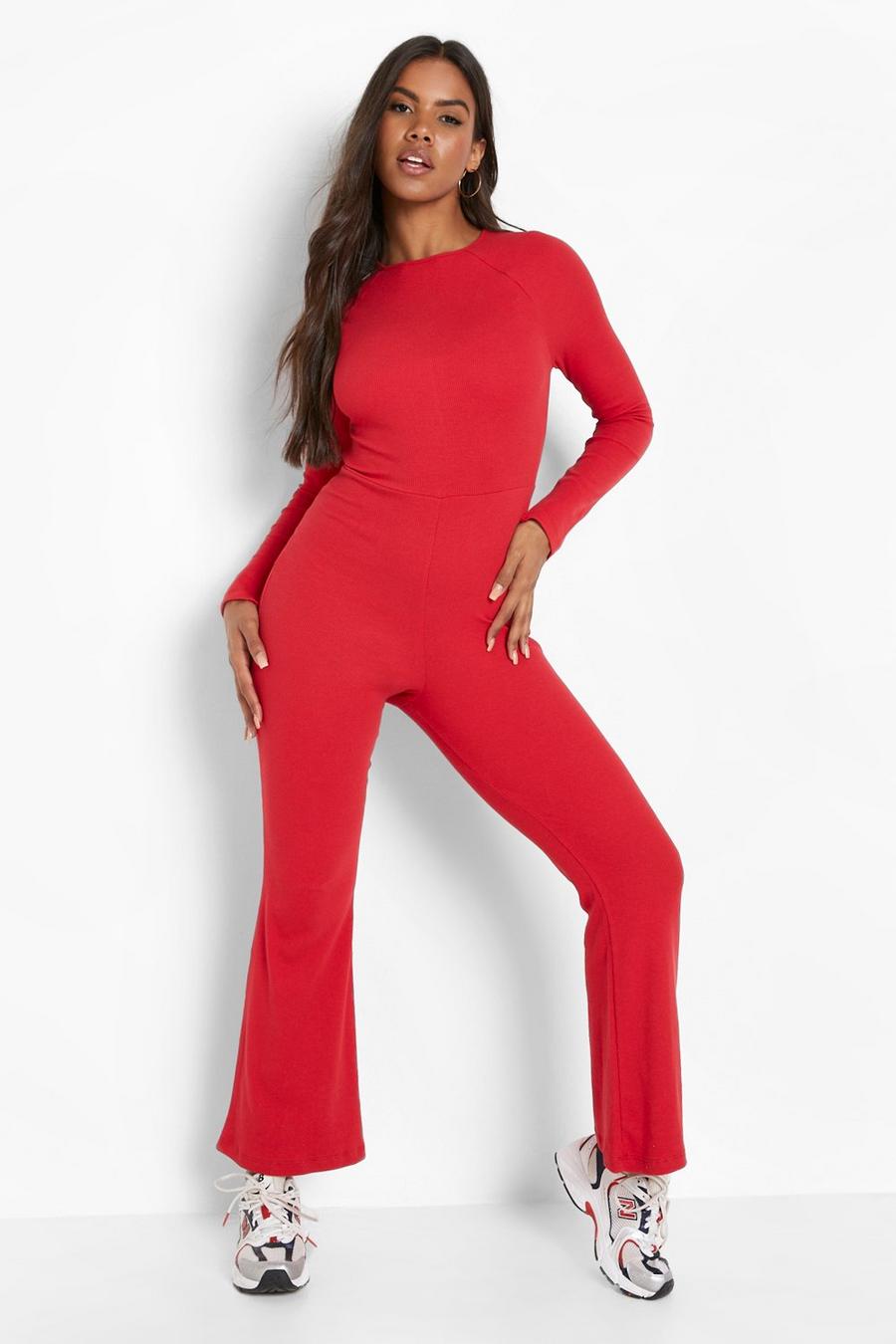 Red Rib Extended Sleeve Flare Jumpsuit image number 1
