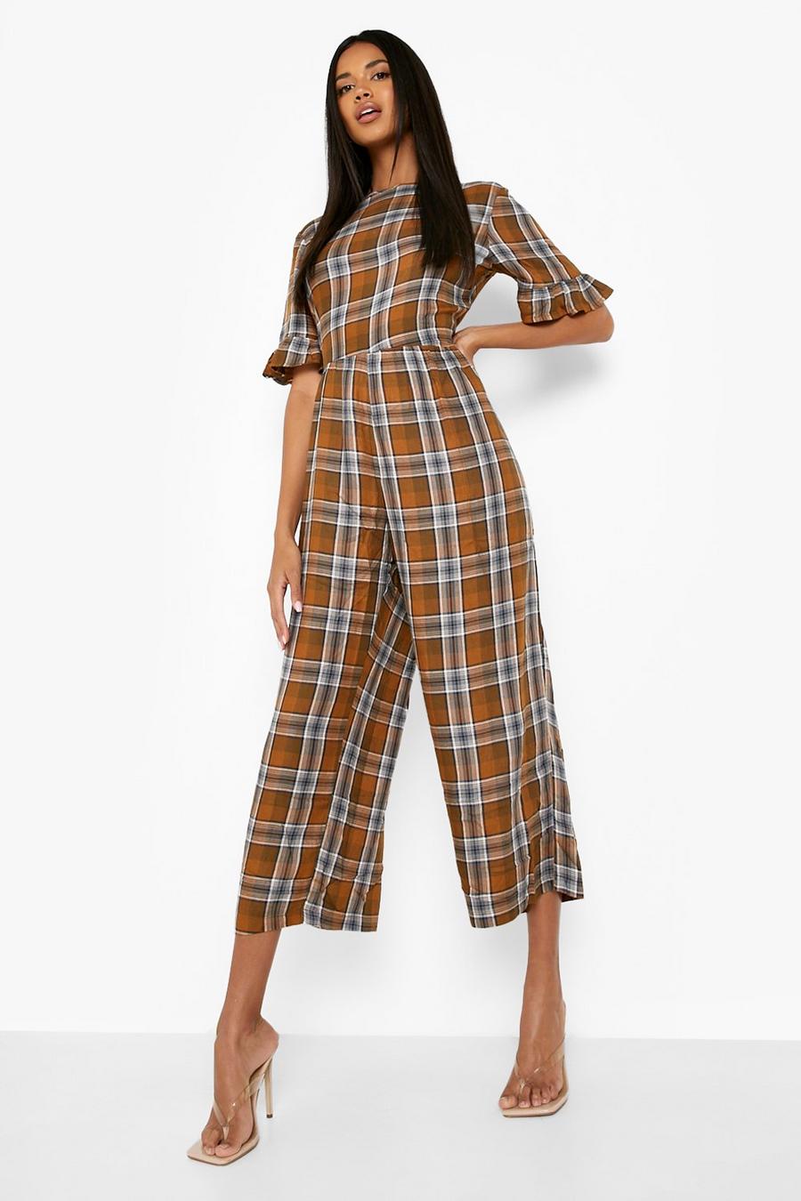 Mustard Check Frill Sleeve Smock Jumpsuit image number 1
