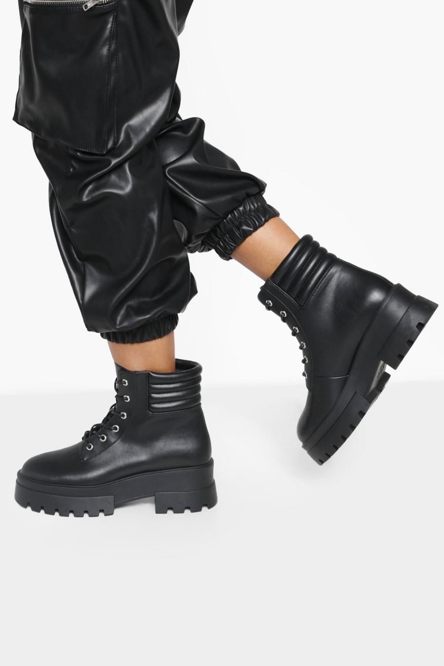 Black svart Padded Cuff Chunky Hiker Boots