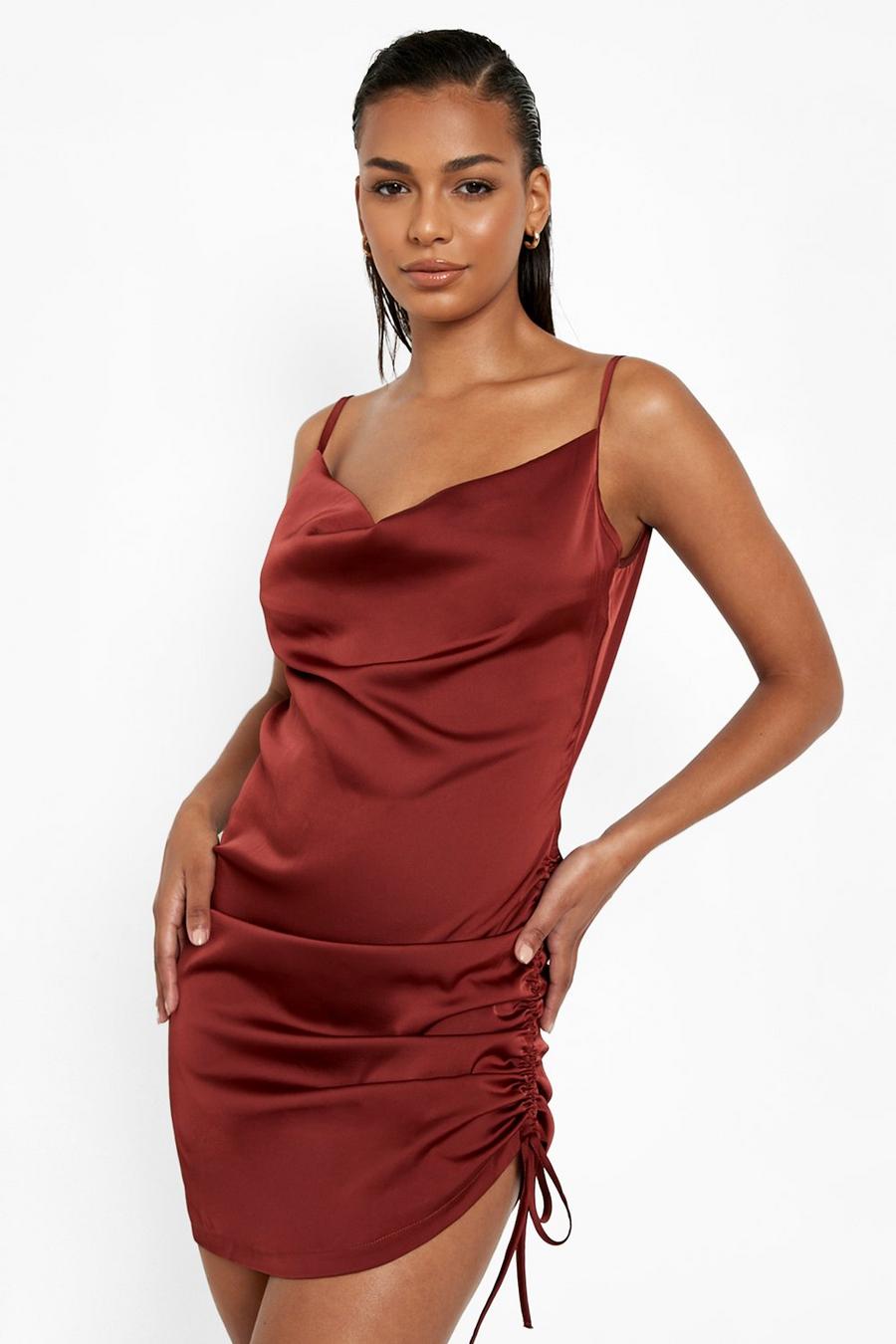 Chocolate Satin Cowl Neck Side Ruched Bodycon Dress image number 1