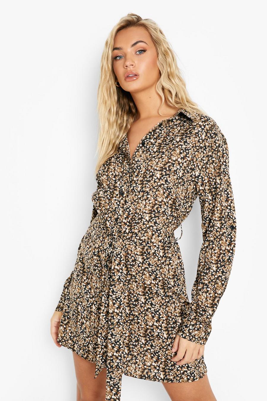 Black Leopard Print Satin Belted Shirt Dress image number 1