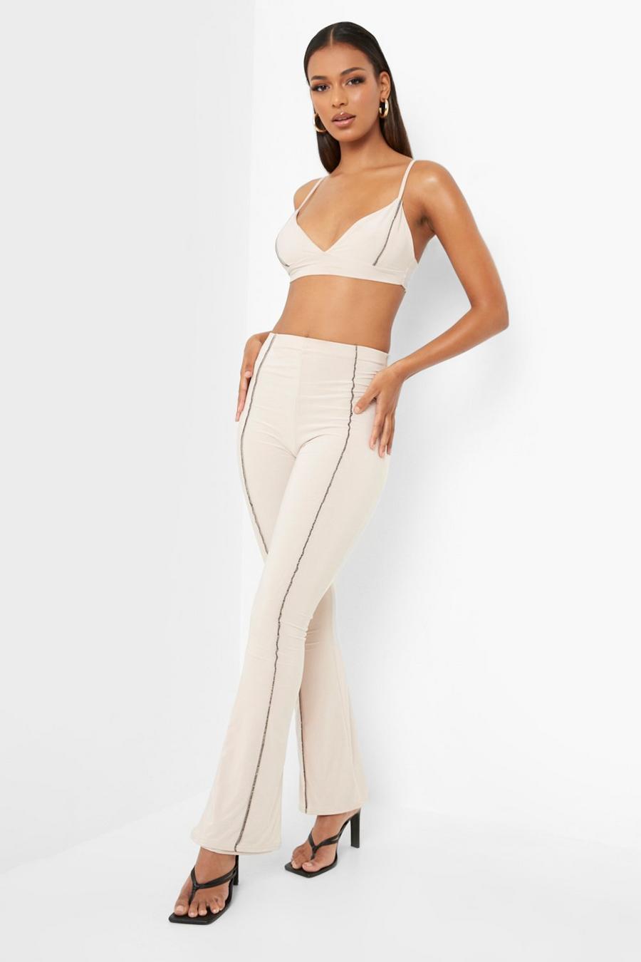 Beige Double Slinky Bralet & Flared Trouser Co-ord image number 1