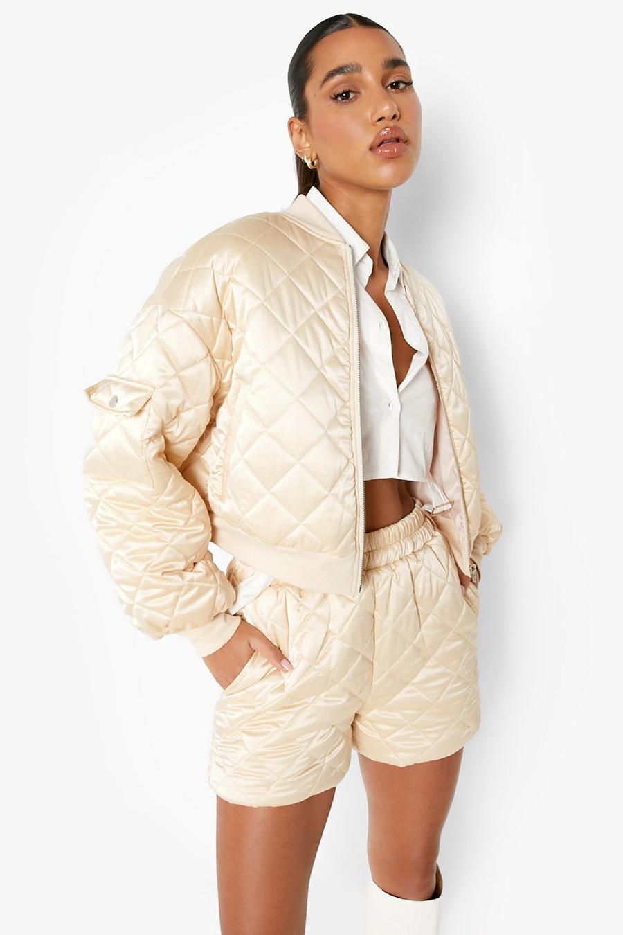 Champagne Oversized Quilted Satin Bomber Jacket image number 1
