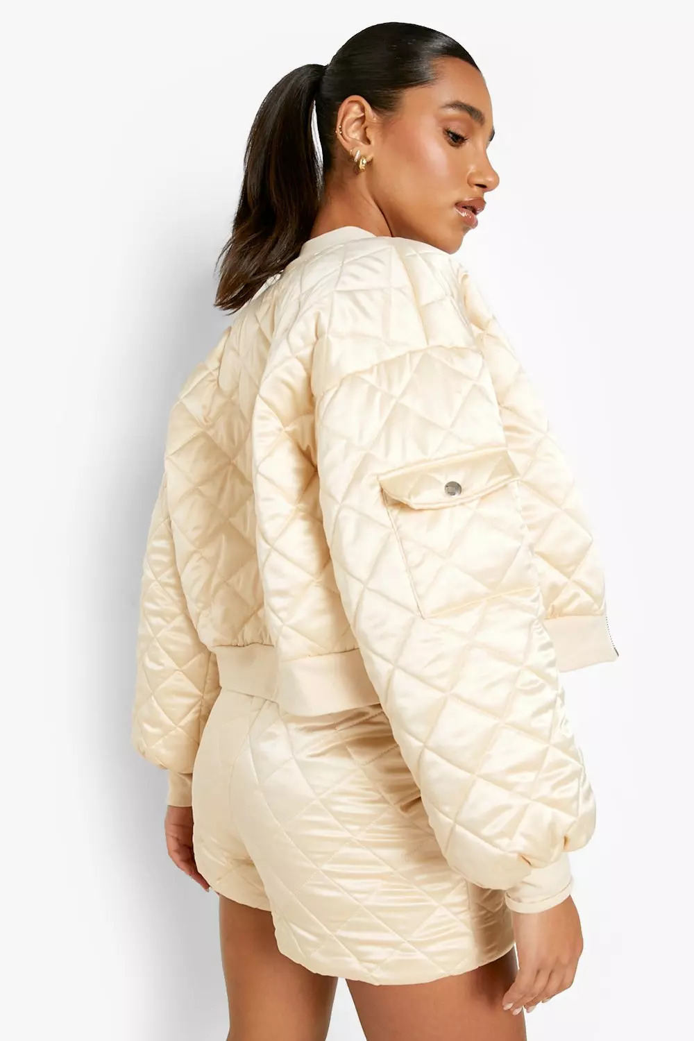 Missguided quilted satin bomber deals carmel