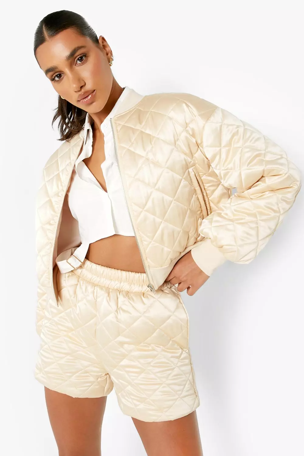 Missguided quilted satin bomber deals carmel