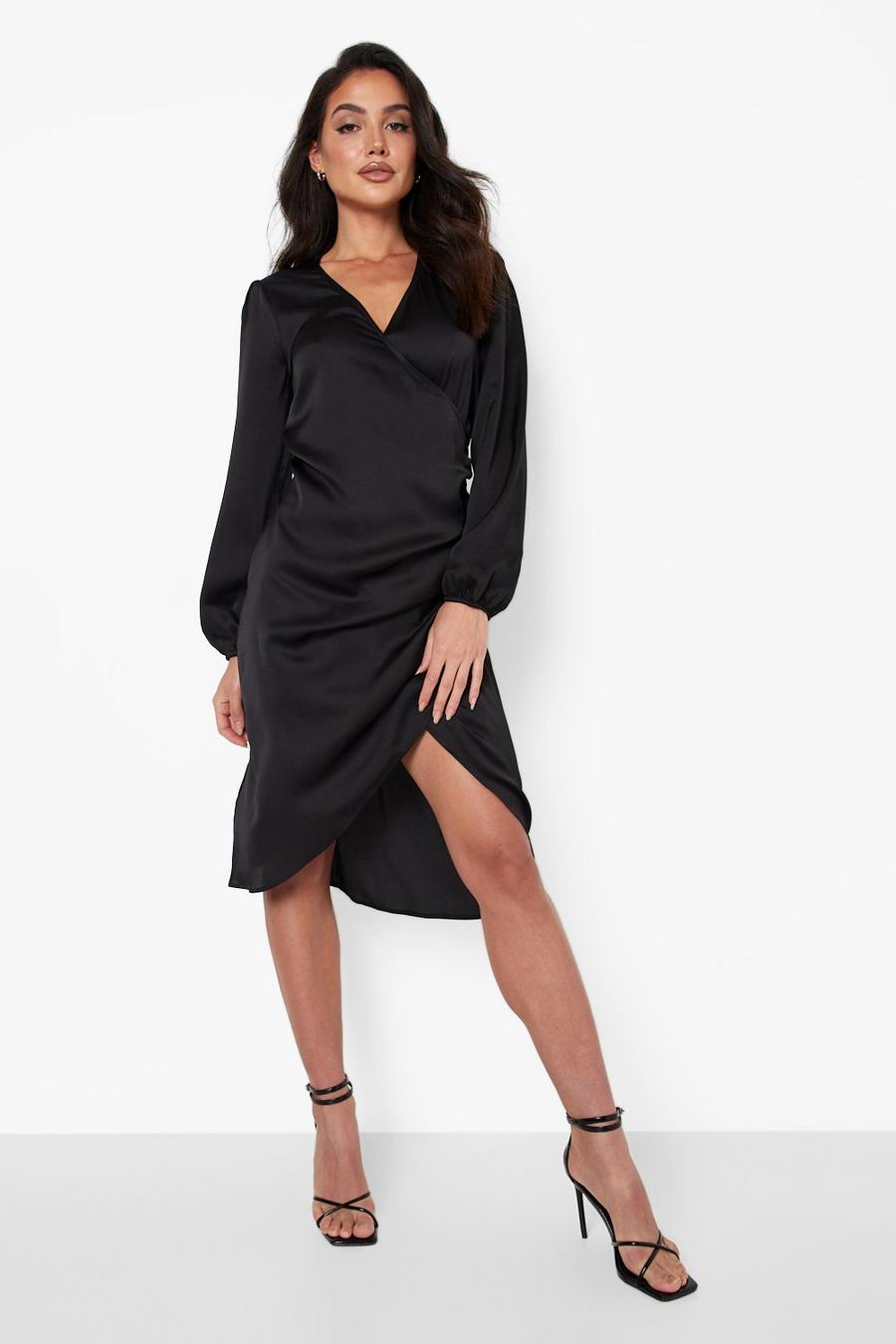 Black Satin Wrap Midi Dress image number 1