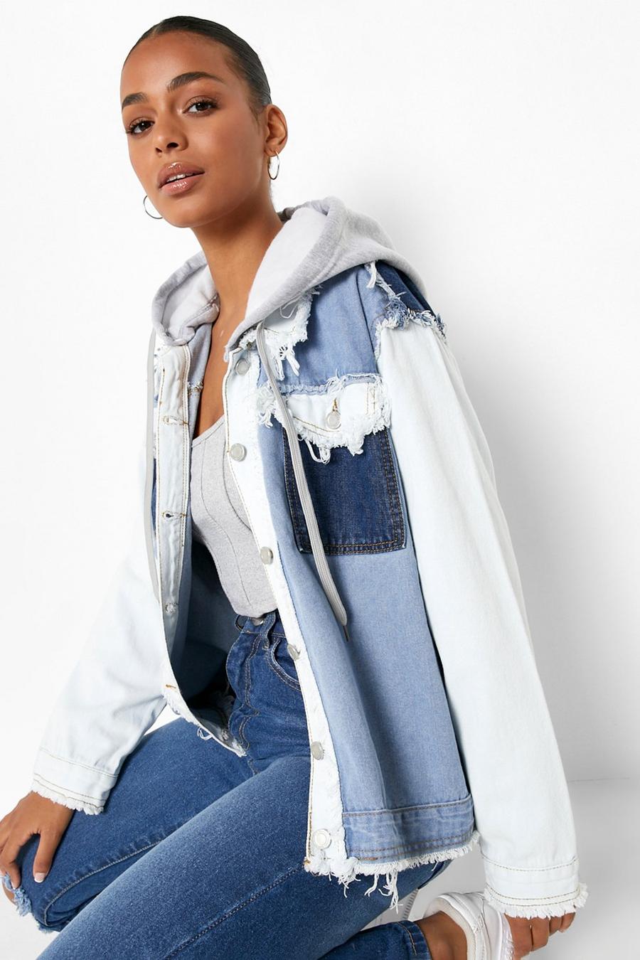 Veste en jean oversize effet patchwork avec capuche, Blue image number 1