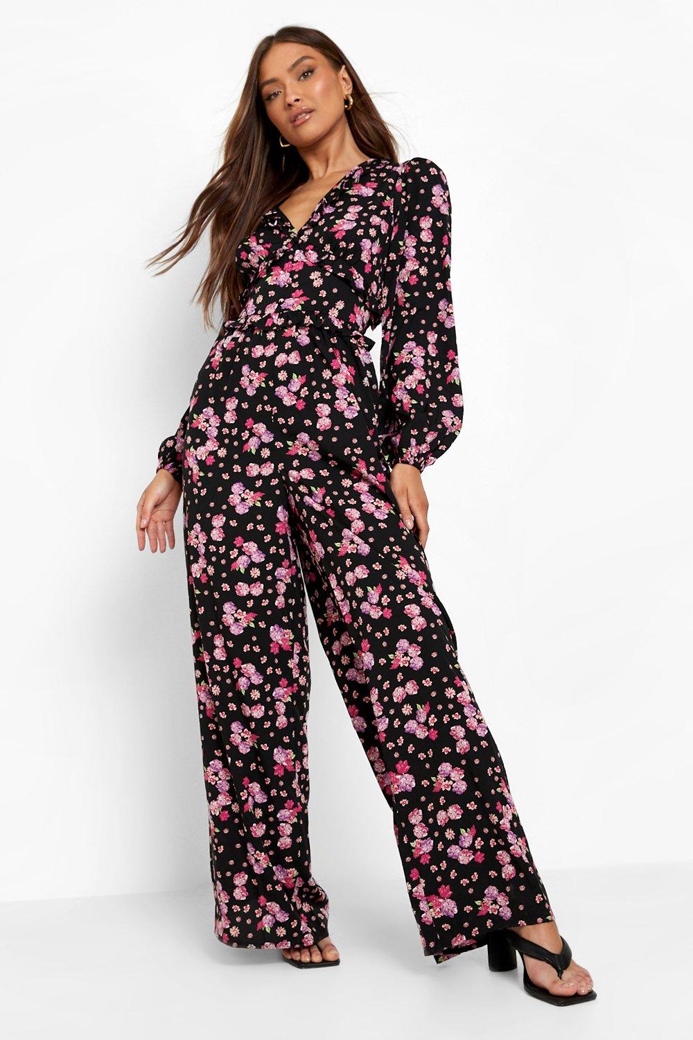 Black Floral Jumpsuit Short Sleeve Wide Leg Jumpsuit