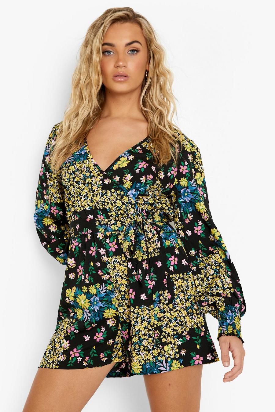 Black Mixed Floral Wrap Playsuit image number 1