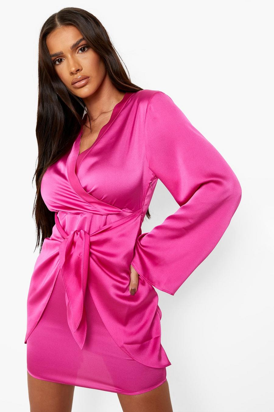Raspberry Satin Knot Front Shift Dress image number 1
