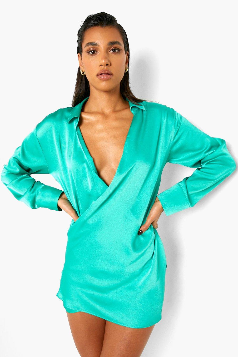 green satin cowl neck shift dress