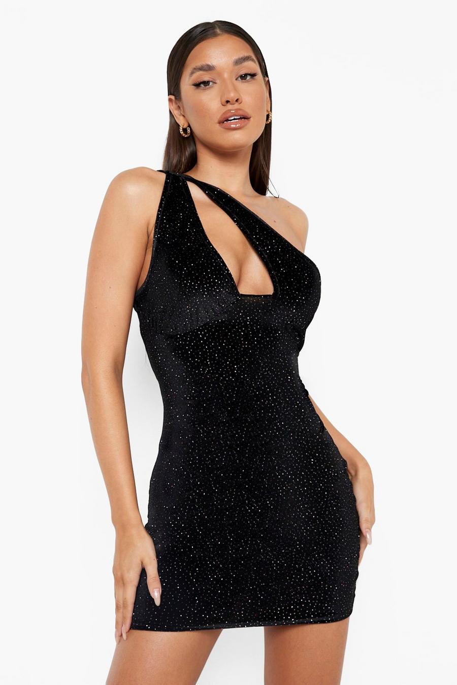 Black Rainbow Velvet One Shoulder Cut Out Mini Party Dress image number 1