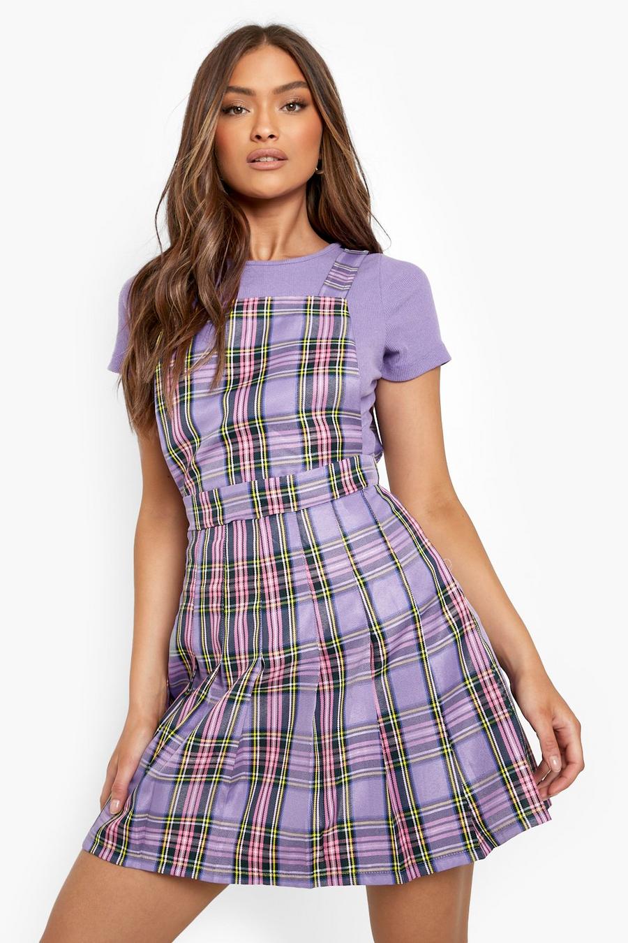 Purple Check Print Pleated Skirt Pinafore Dress