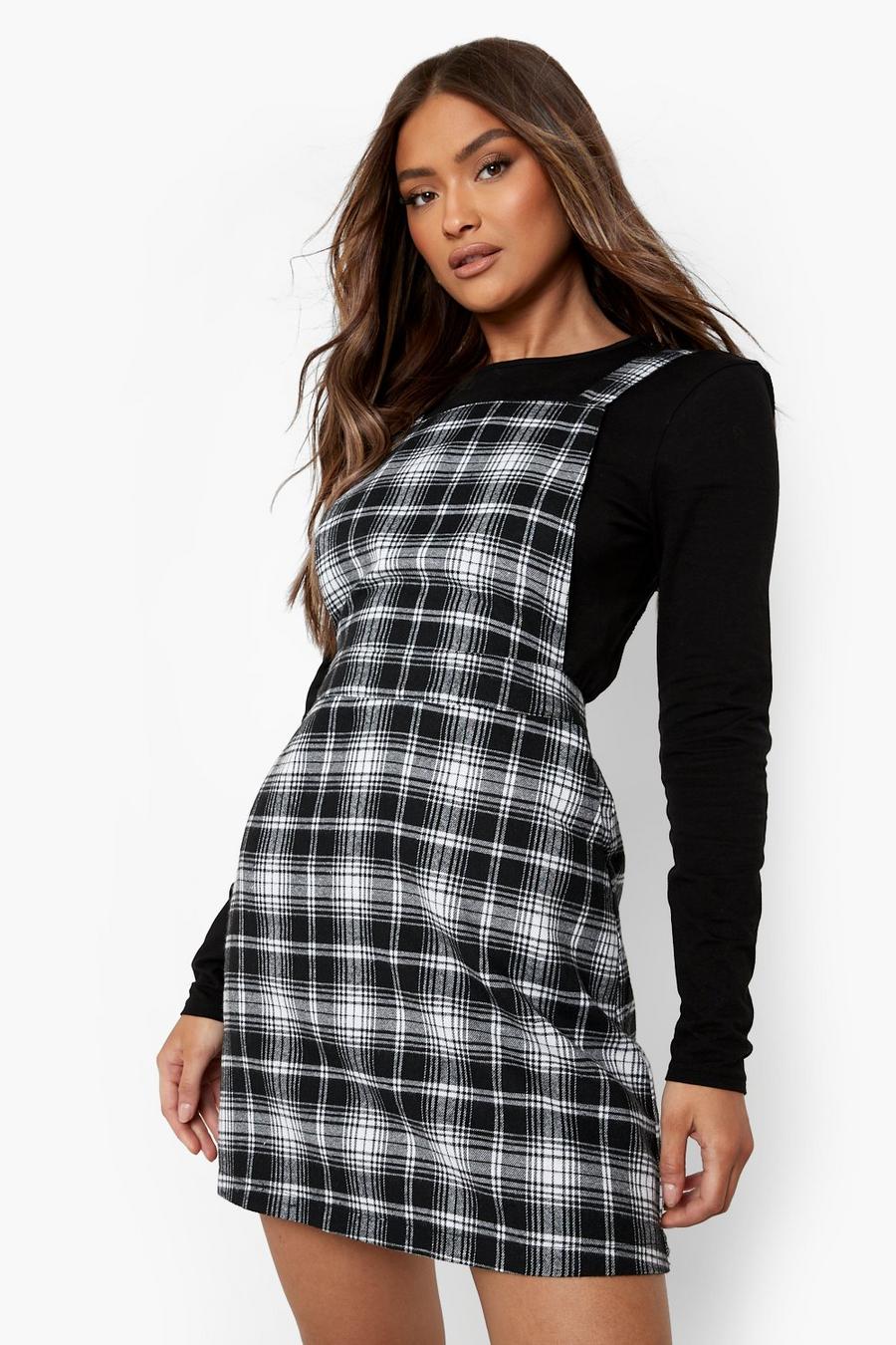 Black Check Print Strappy Pinafore Dress image number 1