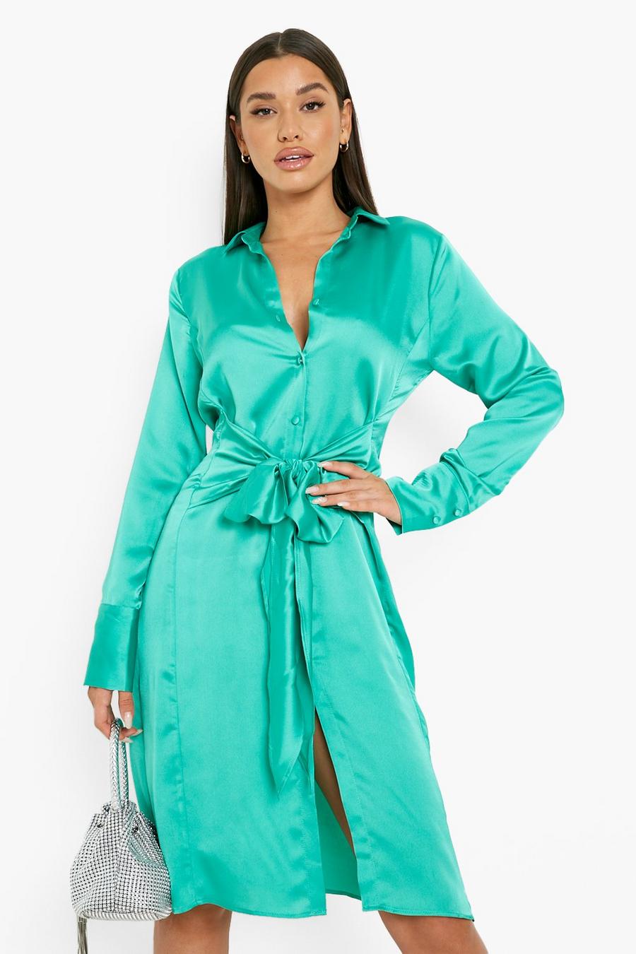 Robe chemise mi-longue satinée, Green grün image number 1