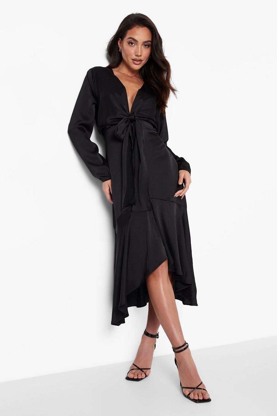 שחור שמלת סאטן מידקסי עם קשירה במותניים ועיטור וילון image number 1