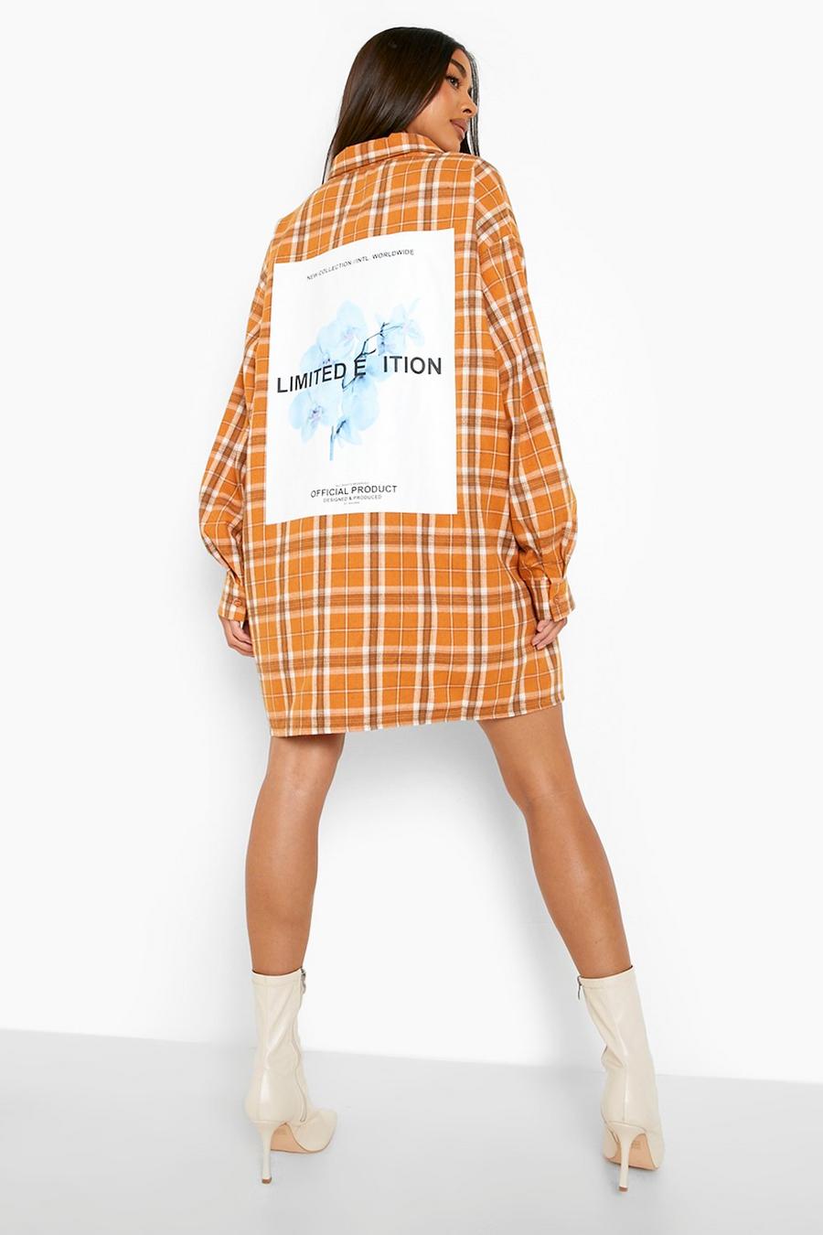 Orange Flannel Back Print Oversized Shirt Dress image number 1