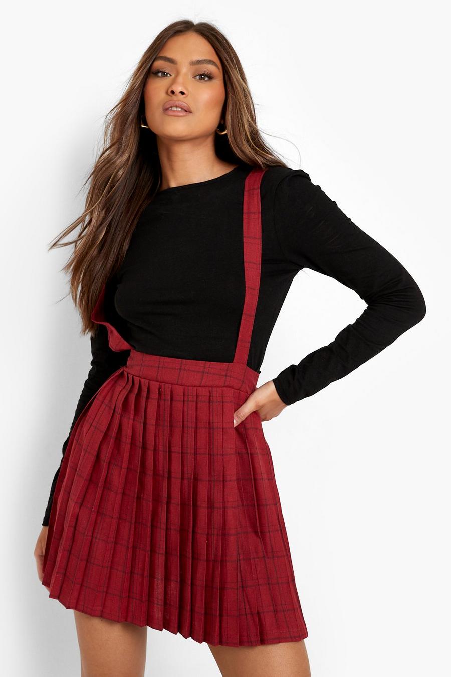 Berry Check Print Pleated Strappy Pinafore Dress image number 1