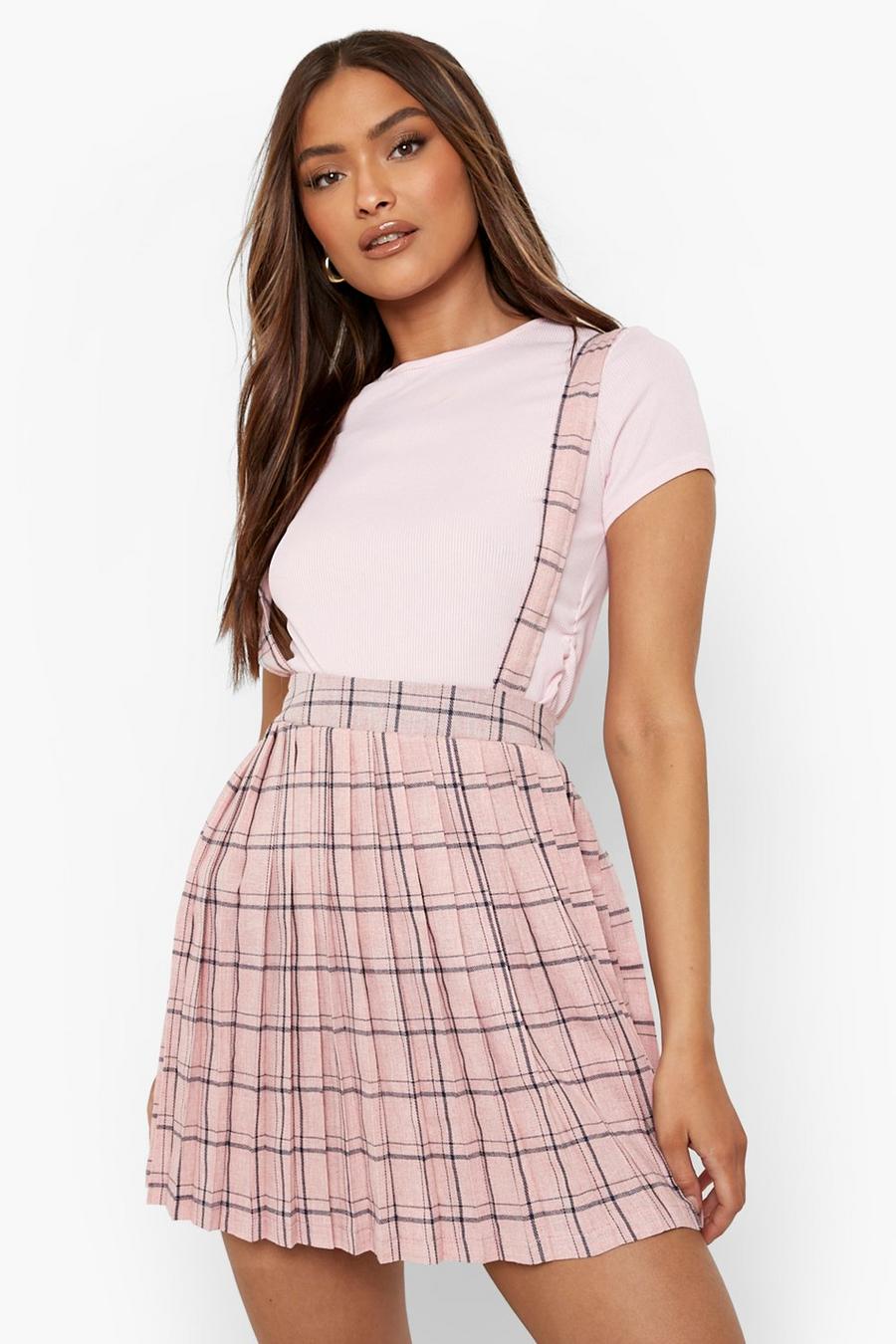 Pink Flannel Print Pleated Strappy Jumper Dress image number 1