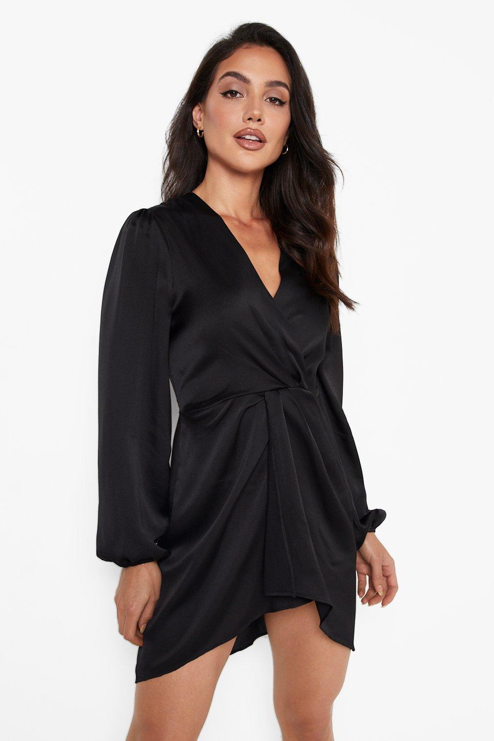 Black Satin Long Sleeve Wrap Dress