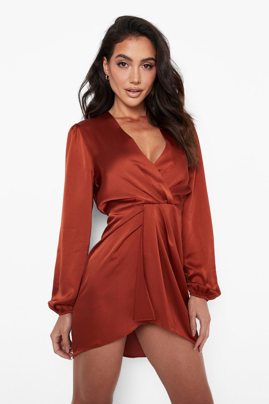 Chocolate brun Satin Blouson Sleeve Wrap Shift Dress