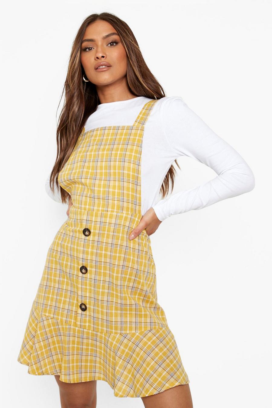 Mustard Flannel Print Frill Hem Jumper Dress image number 1