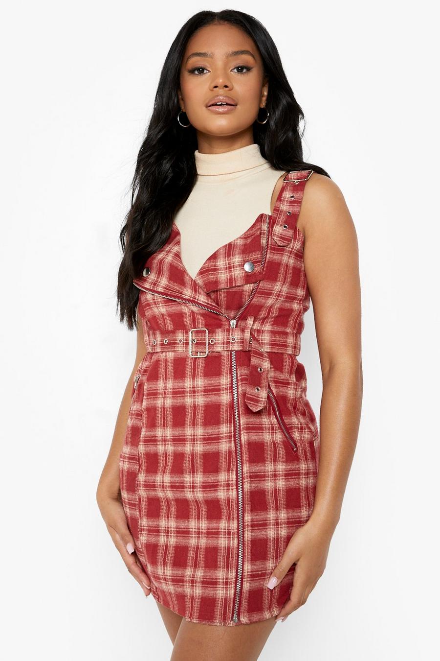 Berry rouge Check Print Zip Through Pinafore Dress image number 1