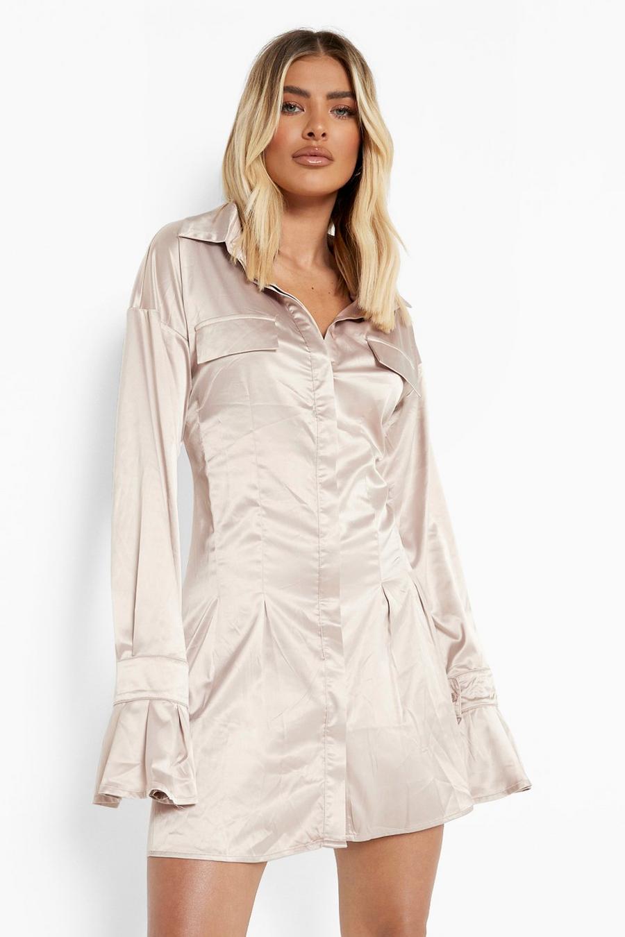 Robe chemise satinée avec poches, Champagne image number 1