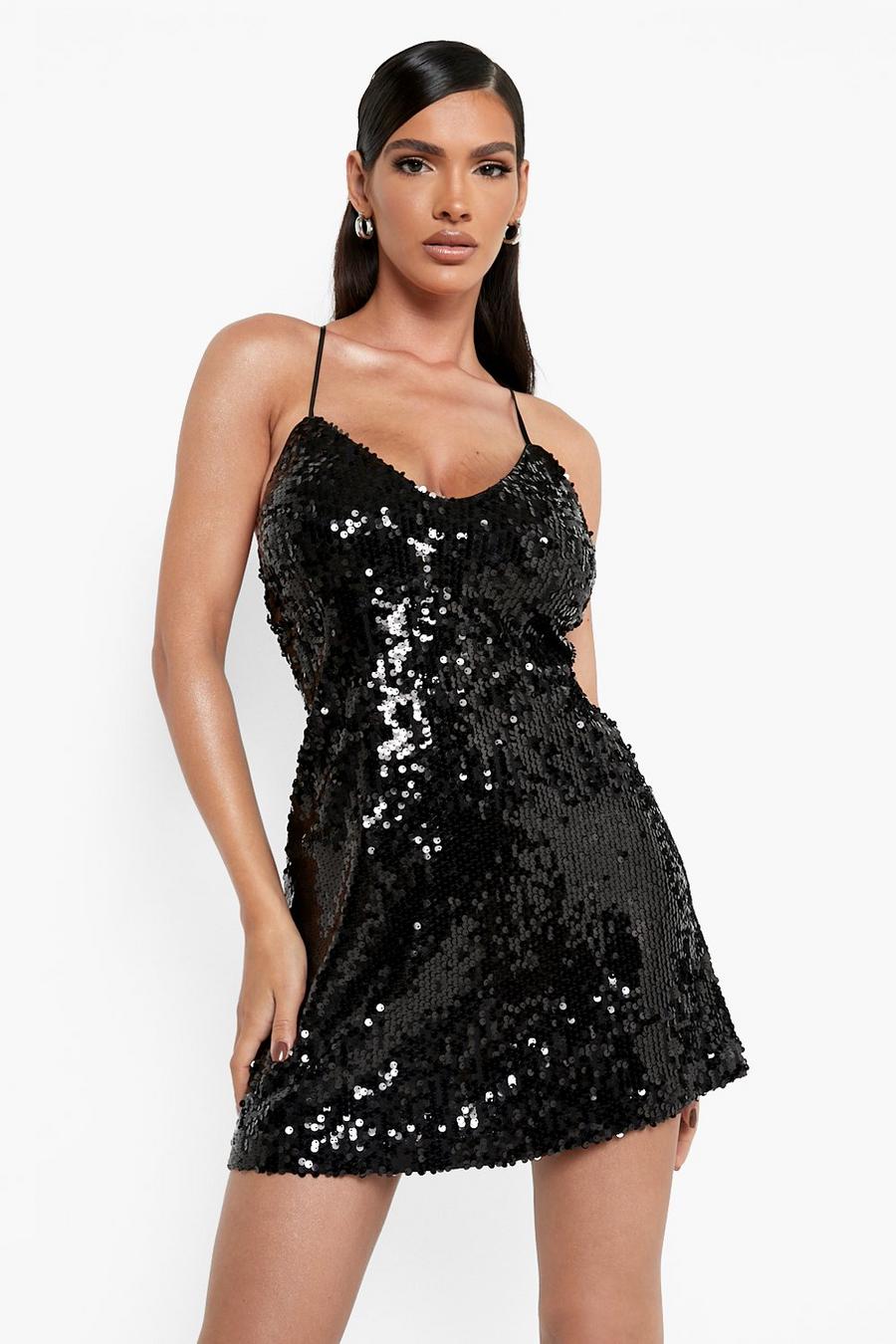 שחור שמלת מיני עם כתפיות דקות, פייטים ומחשוף עמוק image number 1