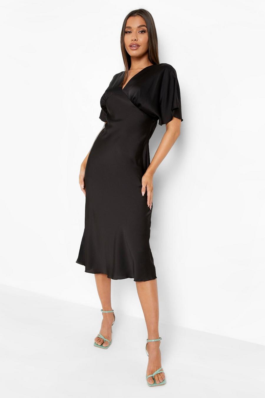 Black Satin Flared Sleeve Plunge Midi Dress image number 1