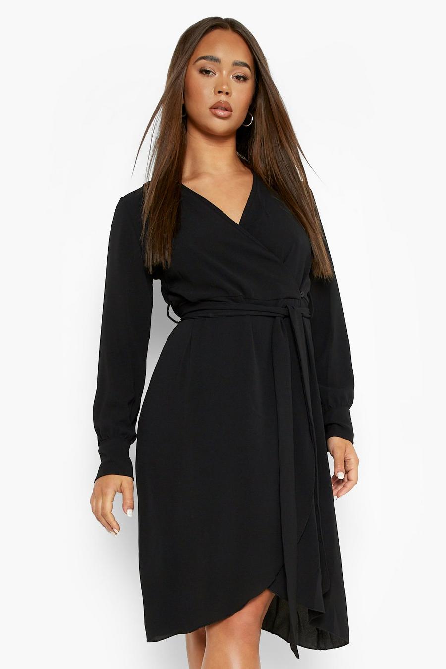 Black Wrap Belted Long Sleeve Midi Dress image number 1