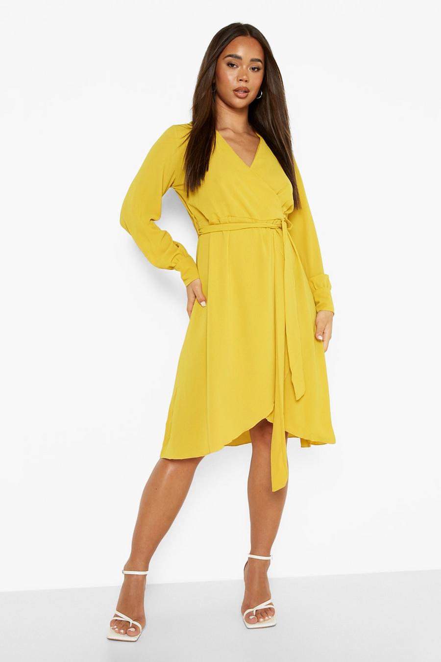 Mustard Wrap Belted Long Sleeve Midi Dress image number 1