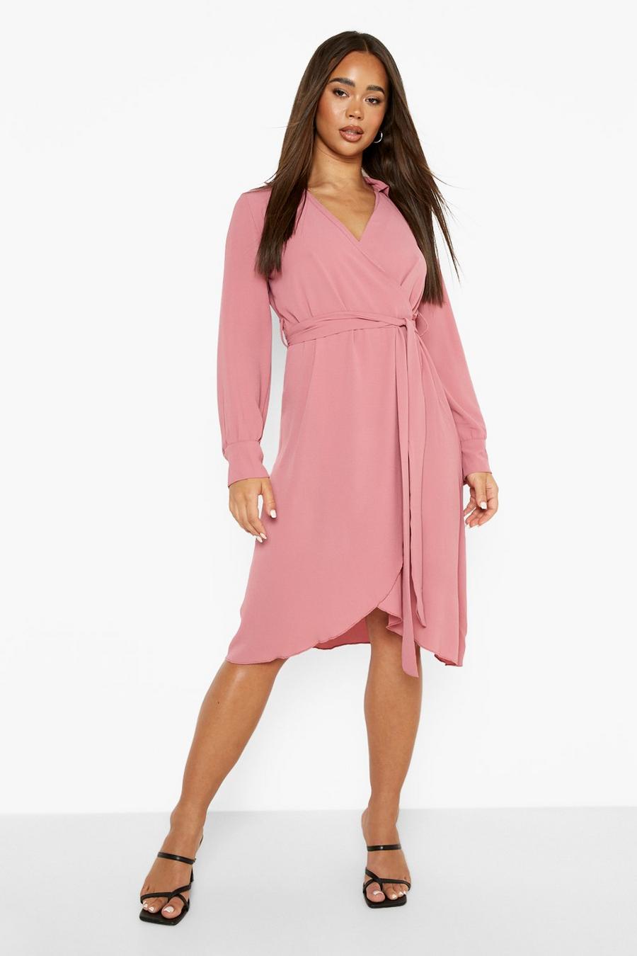 Rose pink Wrap Belted Long Sleeve Midi Dress image number 1
