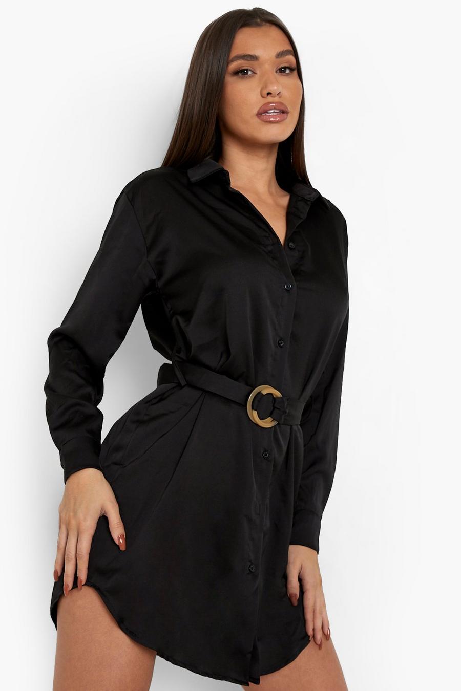Satin Hemd-Kleid mit Gürtel, Black noir