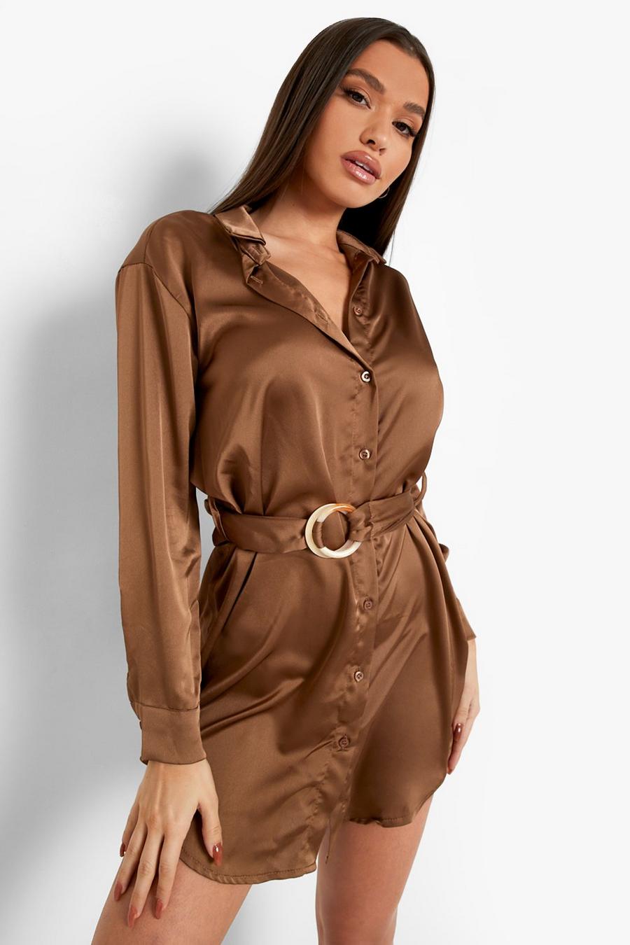 Vestido camisero de raso con cinturón, Chocolate marrón