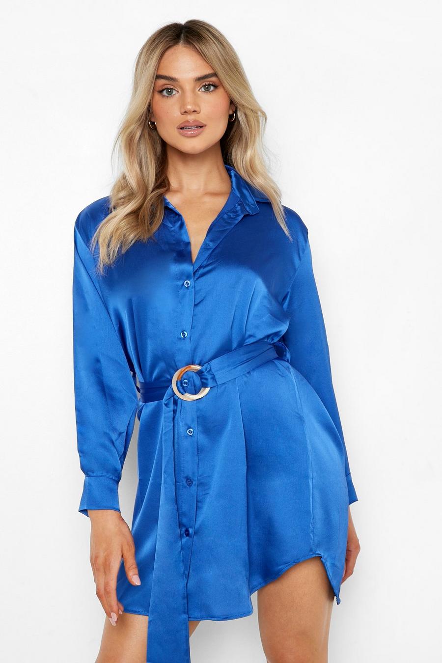 Satin Hemd-Kleid mit Gürtel, Cobalt bleu