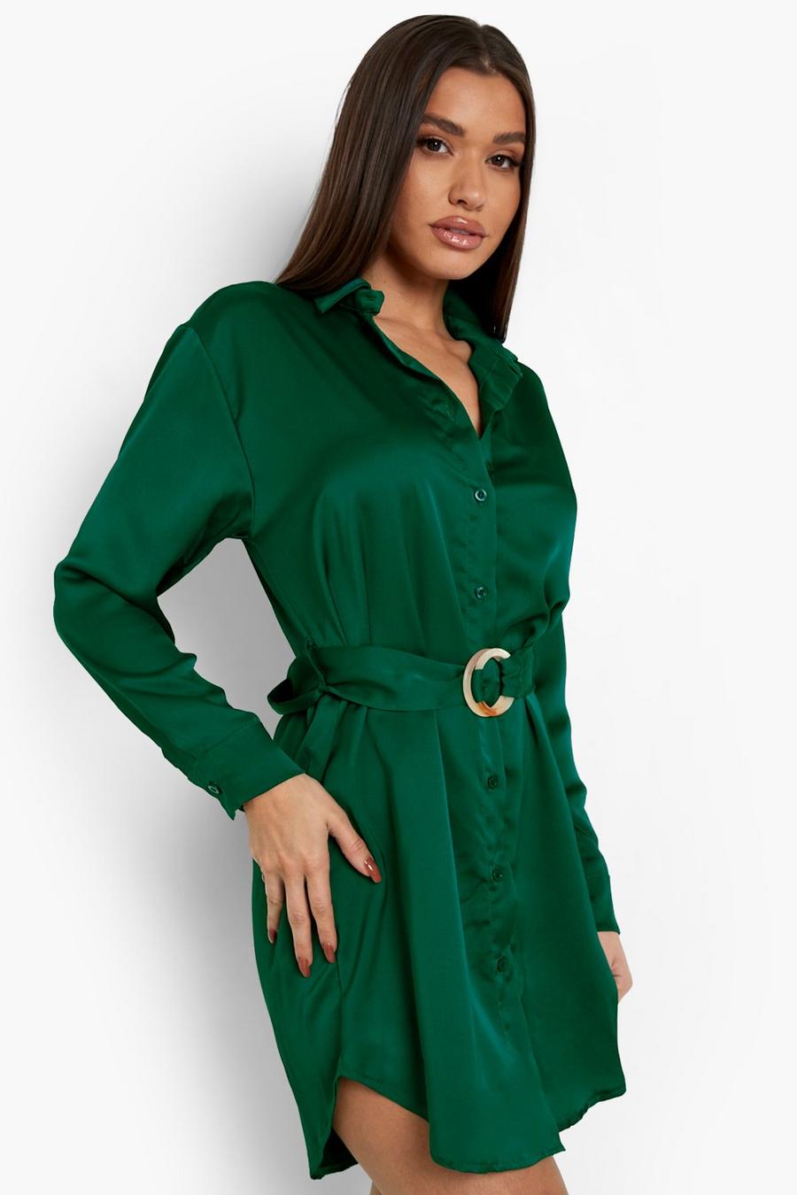 Emerald green Satin Belted Shirt Dress