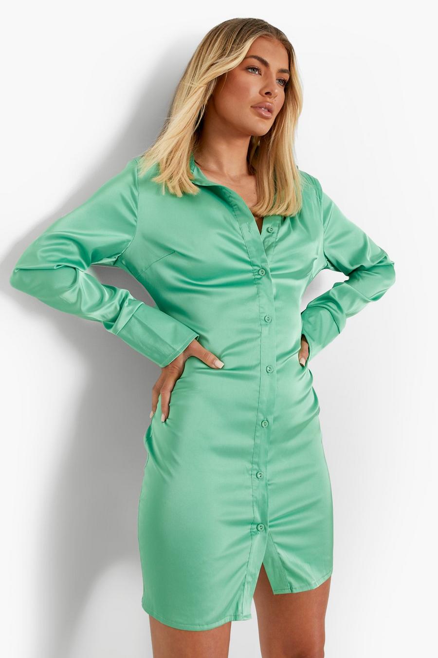Bright green Satin Split Cuff Power Shoulder Shirt Dress image number 1