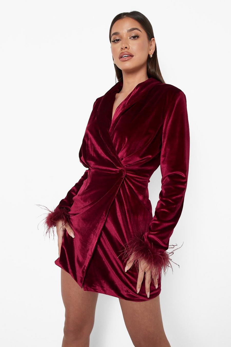 Berry röd Velvet Feather Trim Wrap Blazer Dress