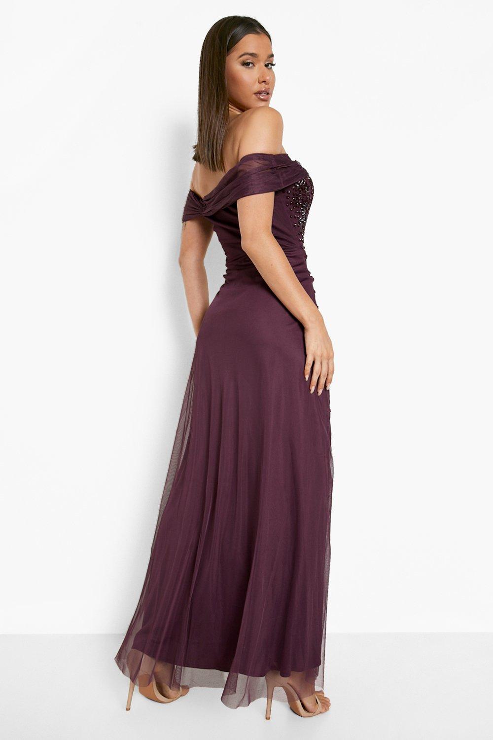 Berry ruffle embellished clearance back fishtail maxi dress