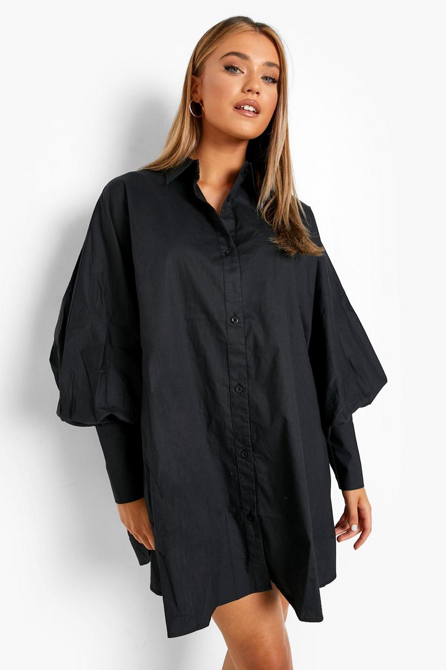 Black Oversized Batwing Balloon Sleeve Shirt Dress image number 1