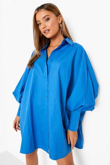 Blue Oversized Batwing Balloon Sleeve Shirt Dress