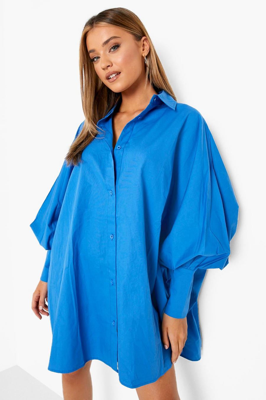 Bright blue Oversize skjortklänning med ballongärm och fladdermusärm image number 1