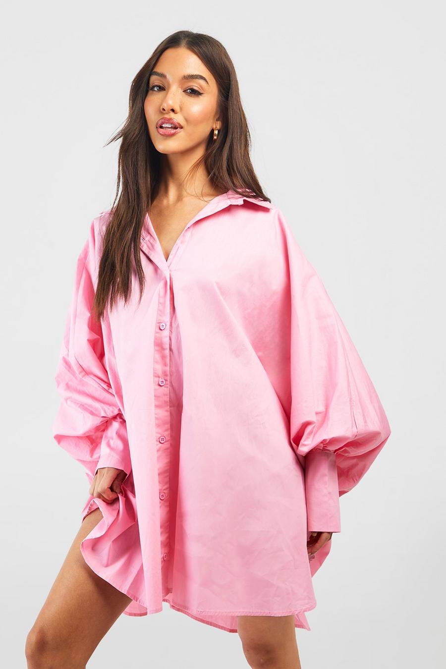 Pink Oversized Batwing Balloon Sleeve Shirt Dress image number 1